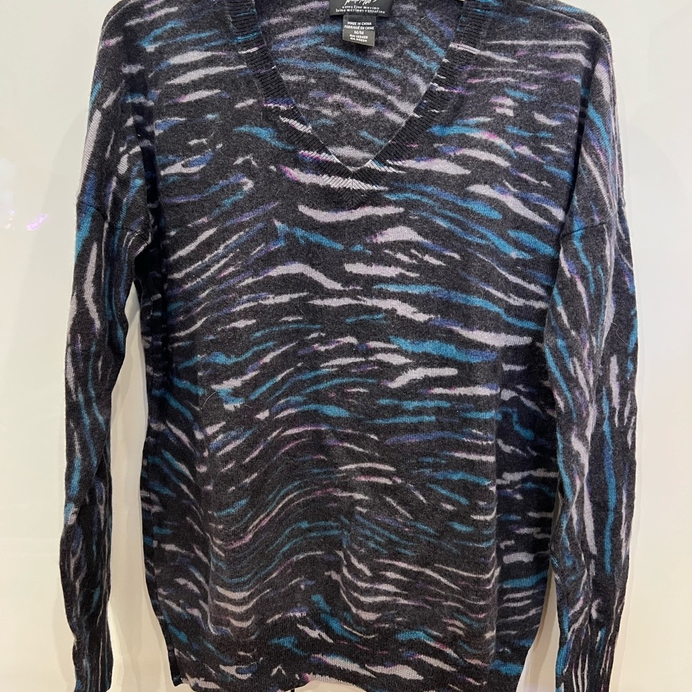 Lord & Taylor V-Neck Merino Sweater in Black and Blue Pattern